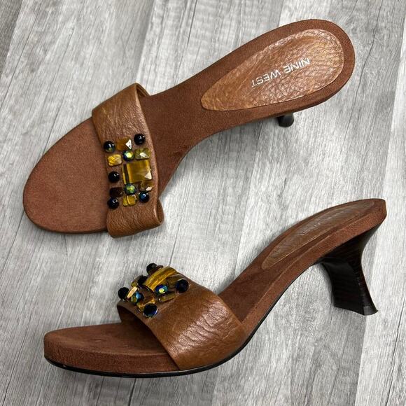 Y2K Nine West Kitten Heels Brown Beaded Size 7 - Picture 1 of 8
